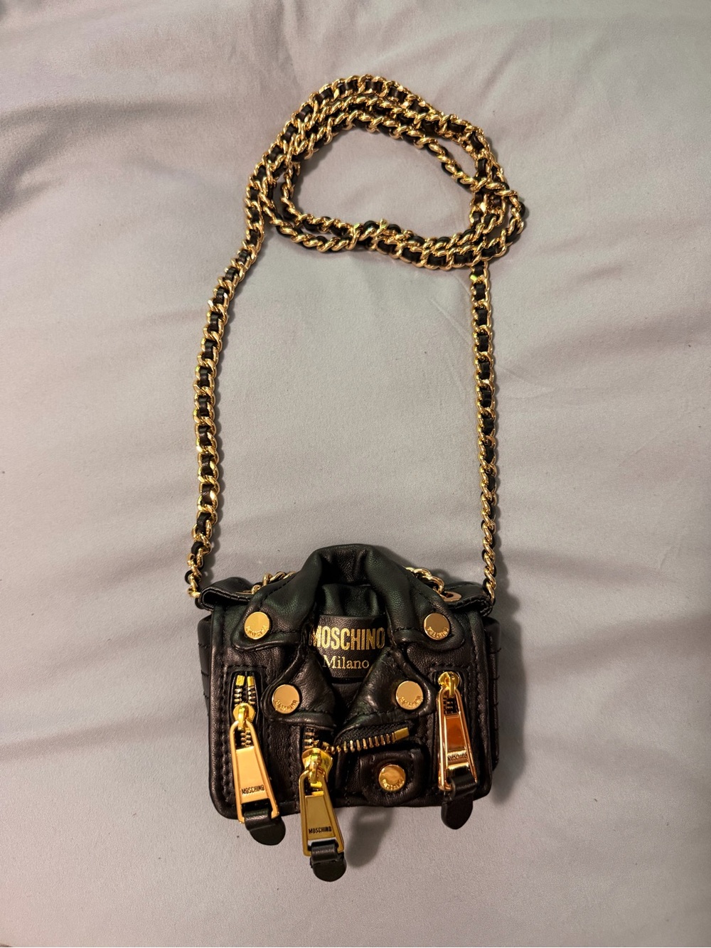 Moschino Black Mini Jacket-Style Crossbody with Gold Hardware